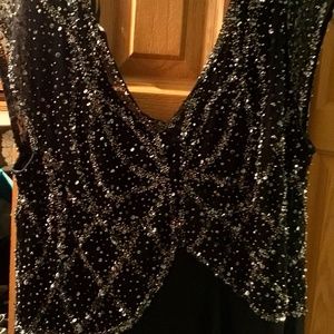Jkara black plunging neckline dress with silver sequins